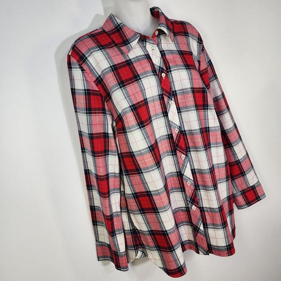 Talbots Shirt Womens Large Red Cotton Long Sleeve Button Front Plaid Metallic - Picture 4 of 8